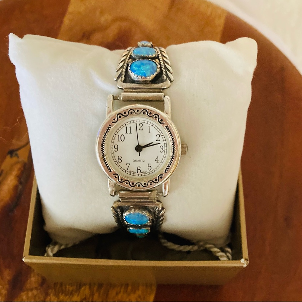 Navajo Opal Silver Bracelet Watch with Sterling Tips